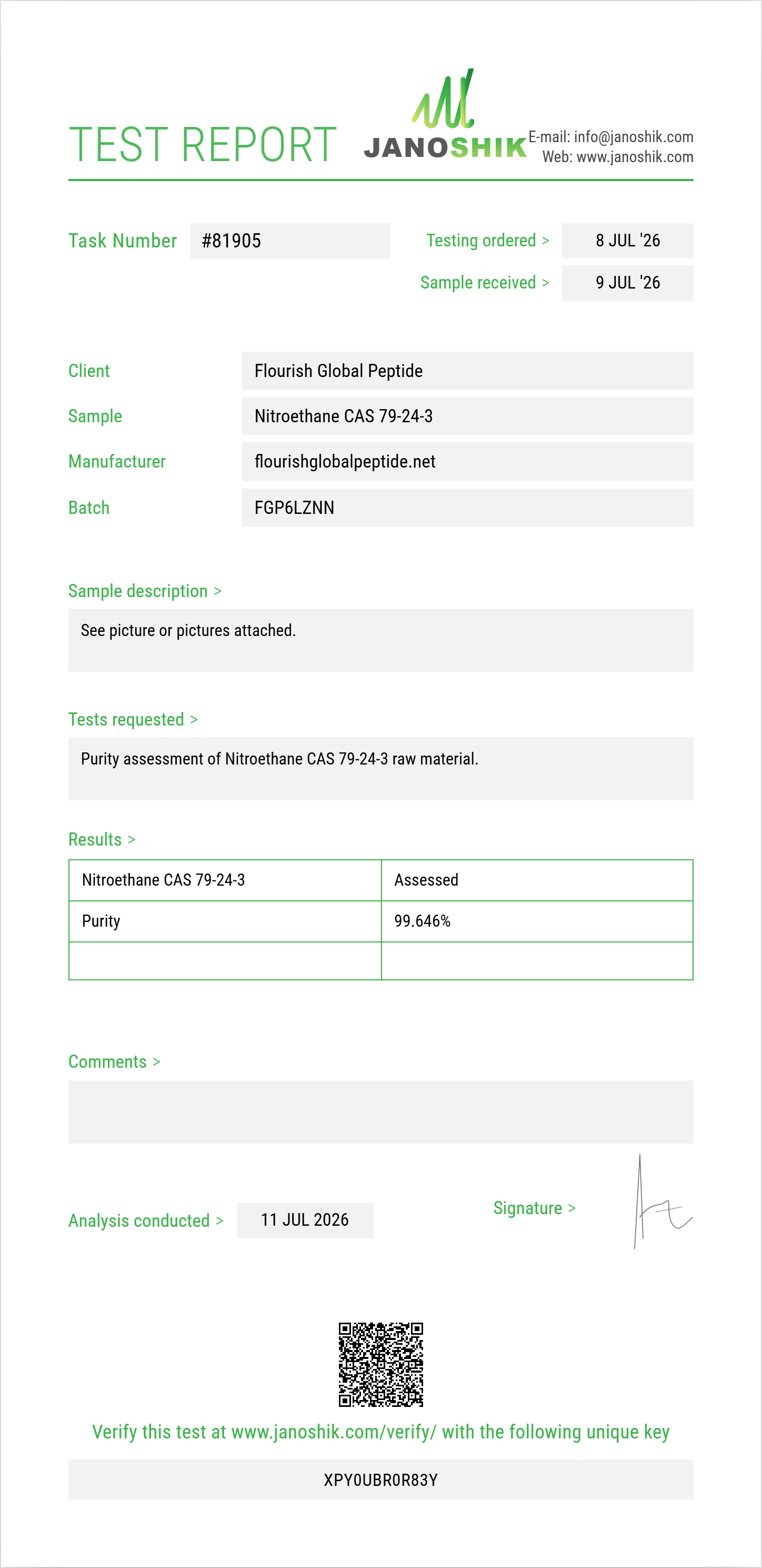Nitroethane CAS 79-24-3 Purity (HPLC) report by Janoshik Analytical