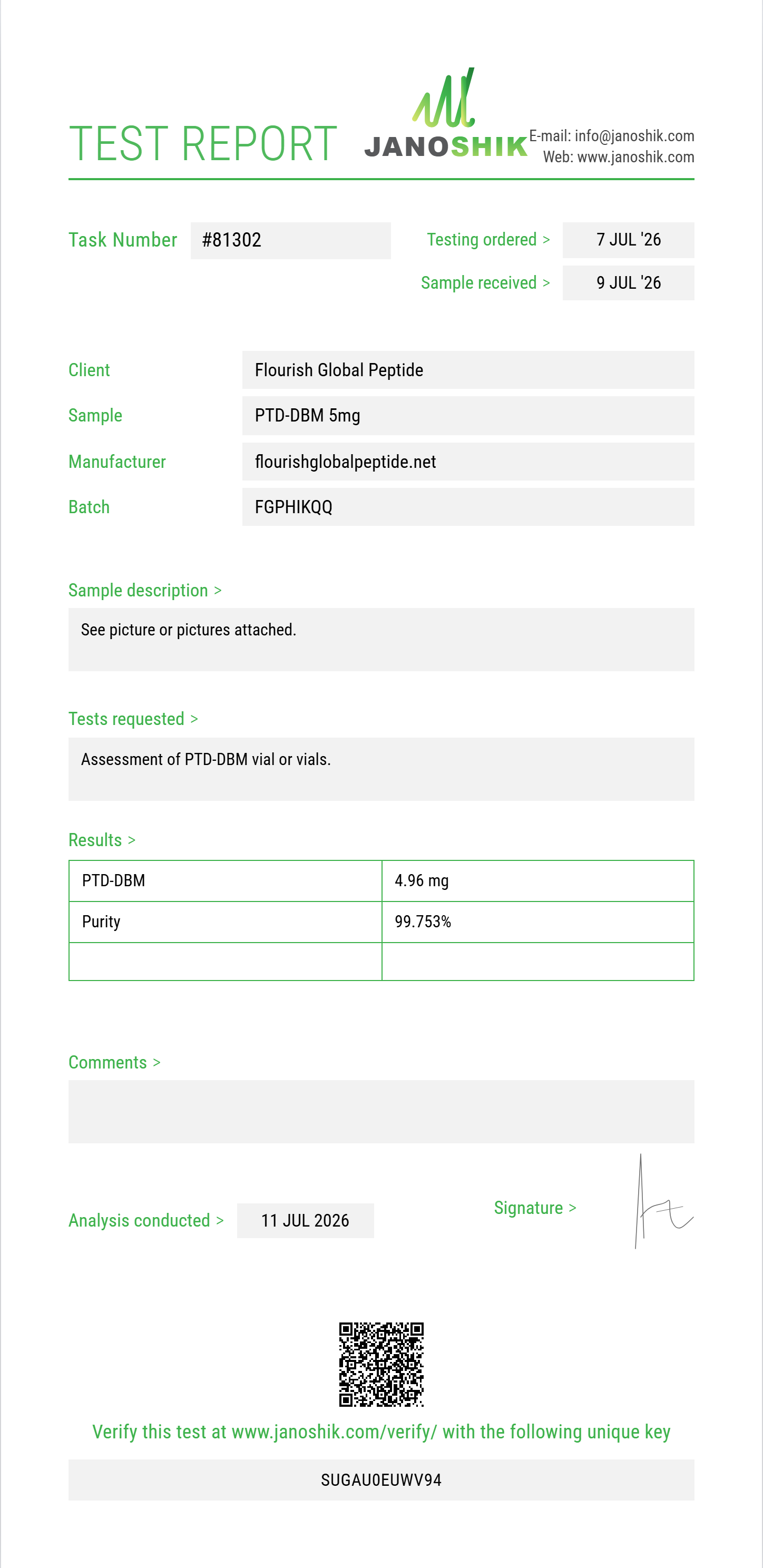 PTD-DBM Purity (HPLC) report by Janoshik Analytical