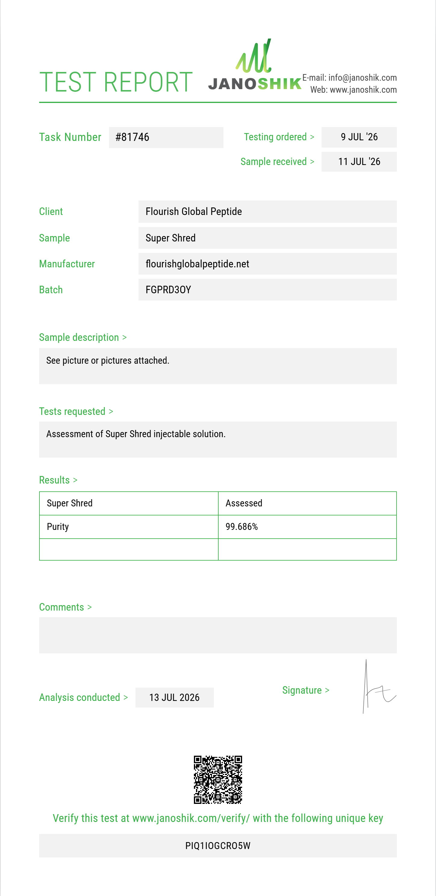 Super Shred Purity (HPLC) report by Janoshik Analytical